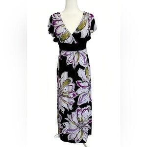 Dressbarn Maxi Dress 6 Black Purple Floral Print Empire Waist Flutter Sleeve